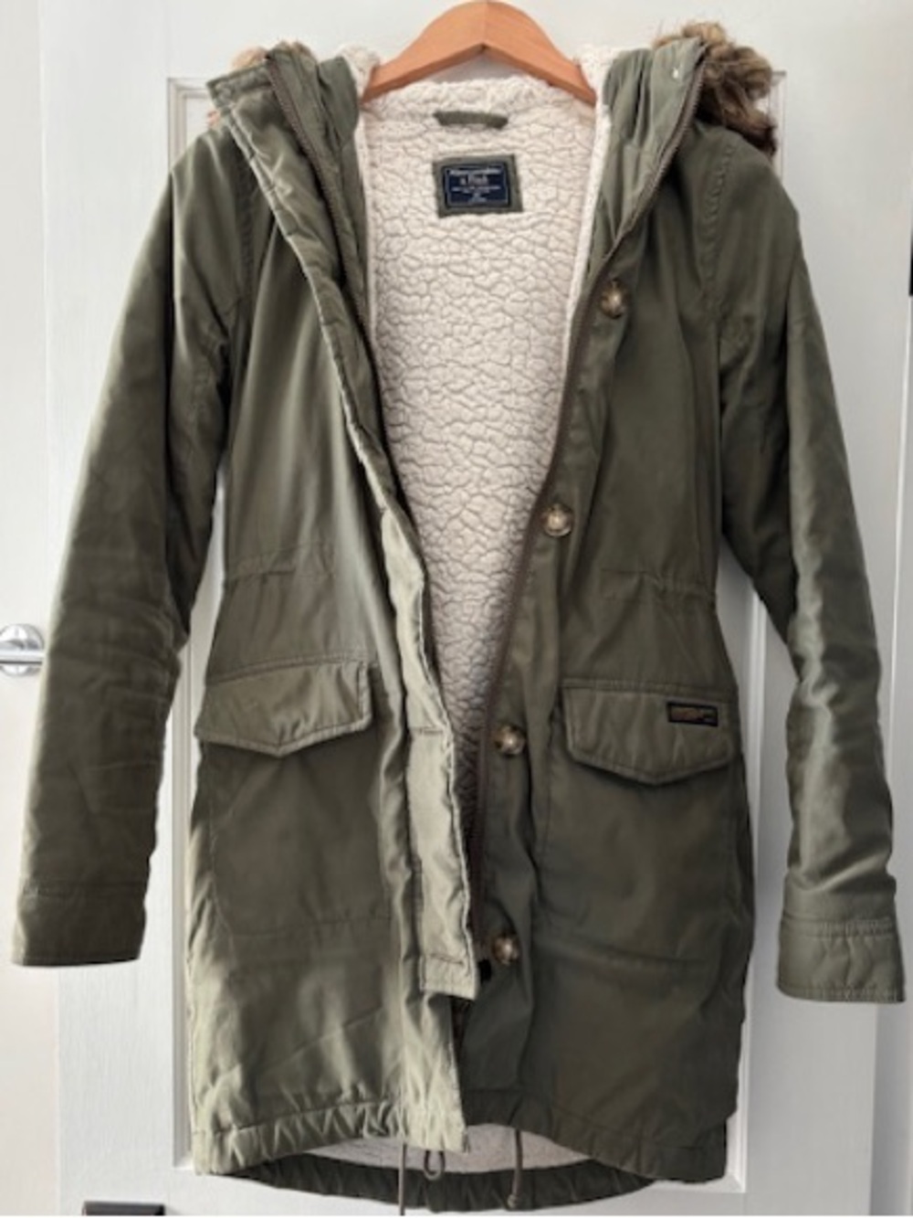 Abercrombie & Fitch Olive Green Fleece Lined Parka, Brown Faux-Fur Trim Size XS